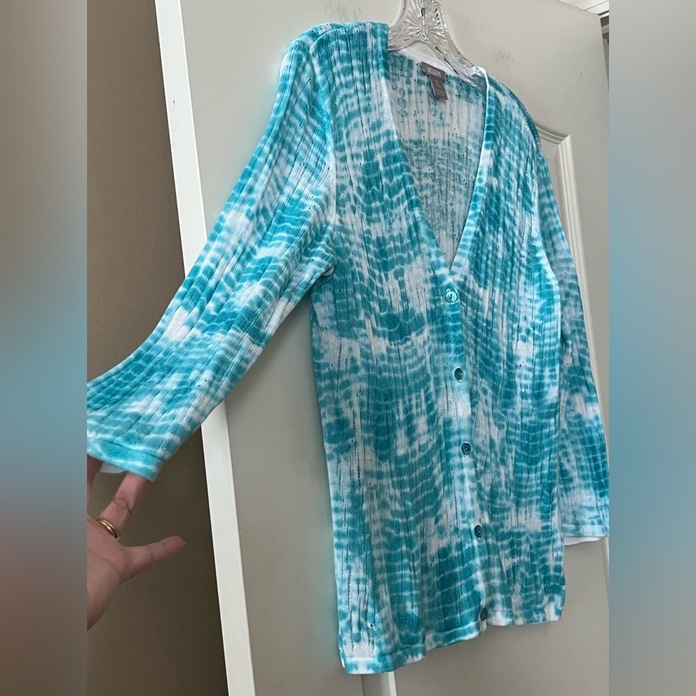 Chico’s Turquoise Tie-Dye Spring Cardigan Button Down Women’s Size Medium - Picture 7 of 14